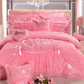 Heart-shaped Lace Princess Wedding Bedding Set Luxury Pink Jacquard Satin Quilt/Duvet Cover Sets Cotton Bed Sheet Pillowcases