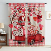 2PCS red and white checkered heart-shaped gnome curtains, sweet style, living room and bedroom, decorative with drawbar pockets