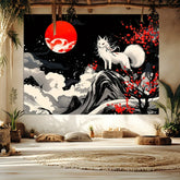 1pc Fantasy White Fox and Red Flower Tree Background Wall Cloth-Modern Polyester Reusable Party Decorative Tapestry