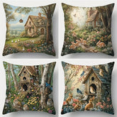 Forest Cottage & Animal Throw Pillow Covers, Rabbit Bird Decorative Cushion Covers, No Insert