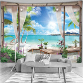 VIKAMA Summer Window View Tapestry Cherry Blossom Sea Idyllic Pastoral Tropical Beach Living Room Room Decoration