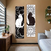 Whimsy Cat Black and White Cat Vertical Tapestry Sun and Moon Long Wall Hanging Starry Sky Aesthetic Art Tapestry Wall Decor