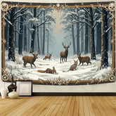 Enchanted Winter Forest Tapestry with Deer and Fox in Snow, Magical Animal Scene Wall Hanging for Bedroom or Living Room Decor