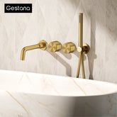 Luxury brass brushed gold wall mounted bathroom faucet with embedded dual handle hot and cold water 2 function bathtub mixer