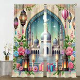 2PCS fresh painted Islamic festival curtains, healing style, bedroom and living room, decorative curtains with drawbar pockets
