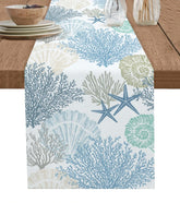 Blue Marine Coral Shells Starfish Linen Table Runner for Wedding Decoration Modern Dining Table Runners Kitchen Table Decor