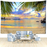VIKAMA Summer Tropical Beach Sunset Panoramic Tapestry Flower Living Room Bedroom Vacation Style Cozy Relaxing Space Arrangement