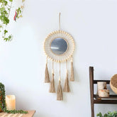 AK23-Wall Mirror Hanging Wall Mirror Boho Antique Mirror With Wood Beads Fringe Handmade Round Decoration