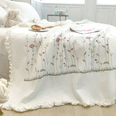 Fresh Flower Embroidered Summer Blanket 4/3/1 Pcs Ruffled Quilted Summer Quilt Set Machine Washable Lightweight Comforter Duvet