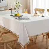 White Cotton Rectangle Tablecloth Fabric Tassel Farmhouse Washable Table Cover for Kitchen Living Room Dinning Picnic Decoration