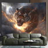 3D Tiger with Stormy Clouds and Lightning Background Cloth, Polyester, Wall Tapestry for Living Room, Bedroom, Office, Party Dec