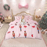 Homewish Girly Christmas Nutcracker Duvet Cover Set for Kids,Princess Cute Bowknot Bedding Set,Pink Abstract Stripes Bed Set