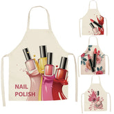 Linen Flower Nail Polish Theme Print Kitchen Aprons Unisex Dinner Party Cooking Bib Funny Pinafore Cleaning Apron