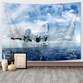 Antarctica Sea Animals Tapestry,Penguins on Winter Glacier Snow 3D Wall Hanging,Hippie Tapestries Blanket for Bedroom Living Roo