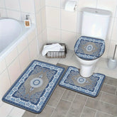 3-Piece Set of Retro Ethnic Blue and White Pattern Bathroom Mats Set Toilet Seat Ring U-Shaped Foot Mats for Bathroom Decoration