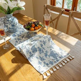 Cotton Linen Blue Printed Floral Table Runner With Tassel Circular Placemats for Wedding Party Dinning Table Decor