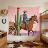Western Cowboy Pastel Tapestry 2D Printed Desert Cactus & Horse Wall Hanging Retro Rodeo-Themed Home Decor Bedroom Kids Room