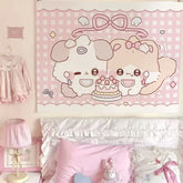 An adorable laundry rabbit wall hanging cartoon cute creature little rabbit with a background cloth. Decorative tapestry for bed