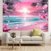 VIKAMA Summer Illusion Beach Tapestry Powder Sand Star Twinkle Neon Palm Wave Surge Living Room B&B Room Decoration
