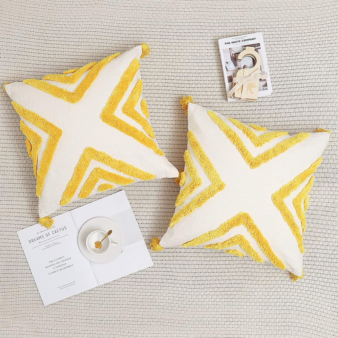 Boho Yellow Throw Pillow Cover 20X20 Inch with Tassels, Geometric Tufted Decorative Cream Chenille Fabric Accent Textured Cushion Case for Bed Couch, 1 PC Cover Only No Insert