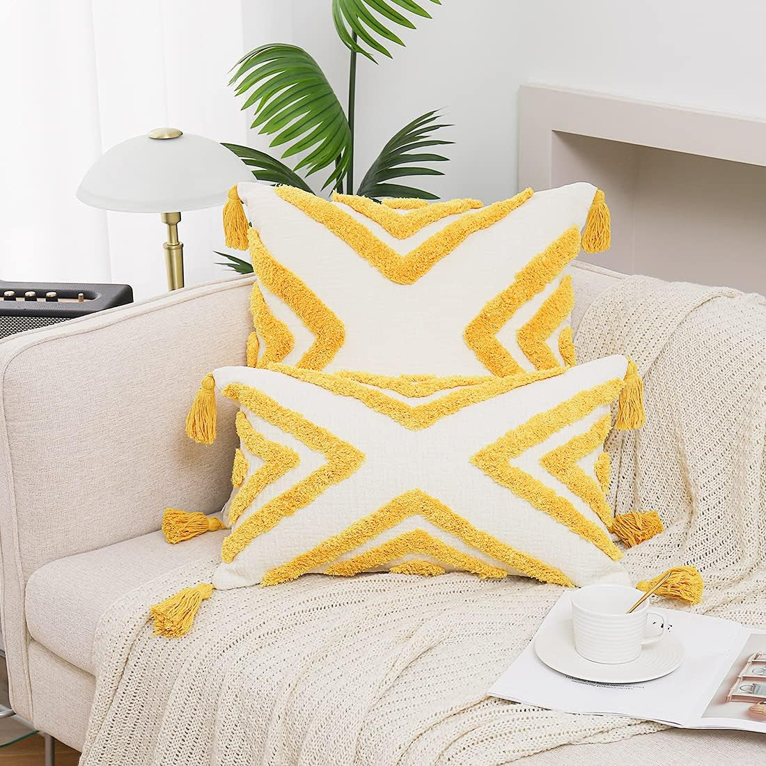 Boho Yellow Throw Pillow Cover 20X20 Inch with Tassels, Geometric Tufted Decorative Cream Chenille Fabric Accent Textured Cushion Case for Bed Couch, 1 PC Cover Only No Insert