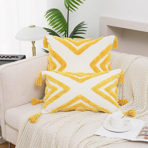Boho Yellow Throw Pillow Cover 20X20 Inch with Tassels, Geometric Tufted Decorative Cream Chenille Fabric Accent Textured Cushion Case for Bed Couch, 1 PC Cover Only No Insert