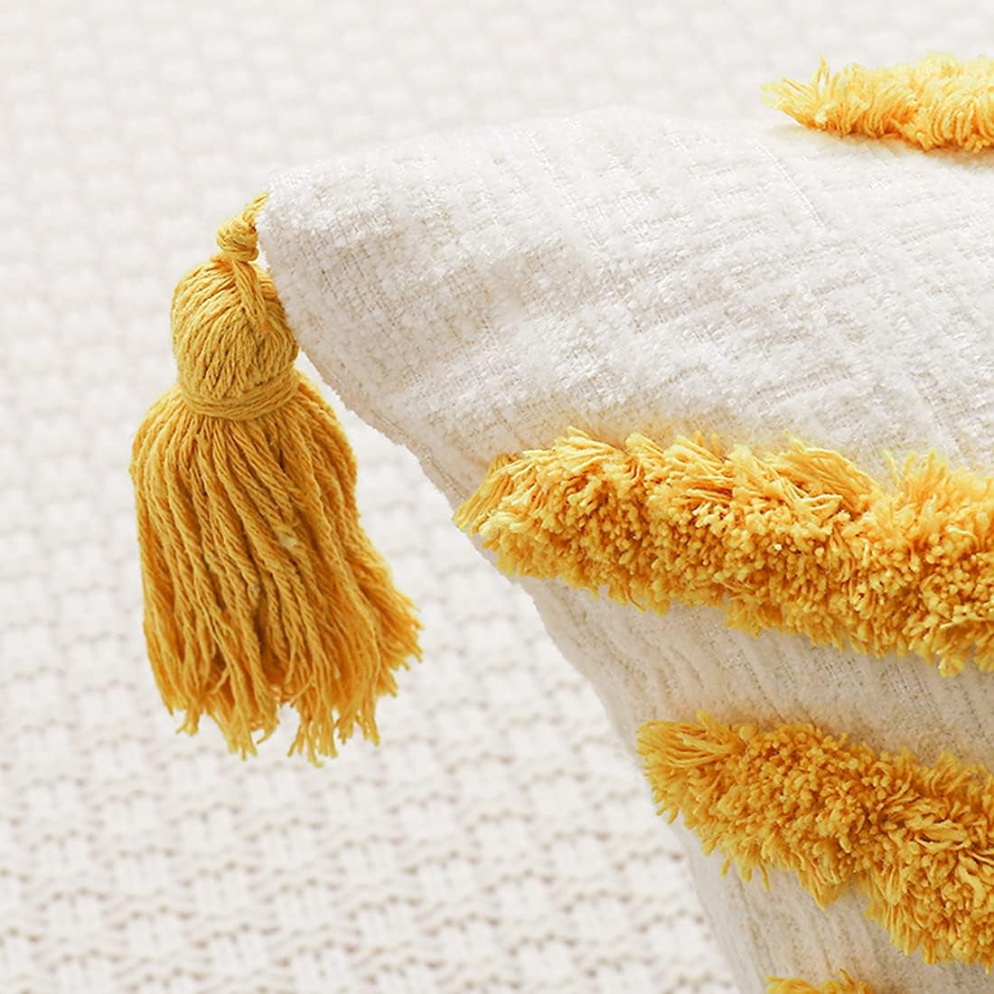 Boho Yellow Throw Pillow Cover 20X20 Inch with Tassels, Geometric Tufted Decorative Cream Chenille Fabric Accent Textured Cushion Case for Bed Couch, 1 PC Cover Only No Insert