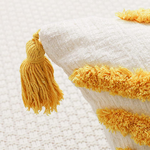 Boho Yellow Throw Pillow Cover 20X20 Inch with Tassels, Geometric Tufted Decorative Cream Chenille Fabric Accent Textured Cushion Case for Bed Couch, 1 PC Cover Only No Insert