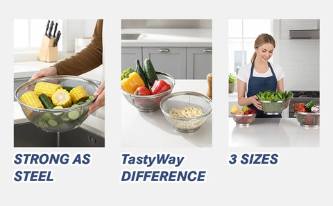 tastyWay Stainless Steel 3-Piece Drain Basket Set, Rice Bowl Drain Basket, Fruit and Vegetable Washing Drain Basket, Kitchen Sup