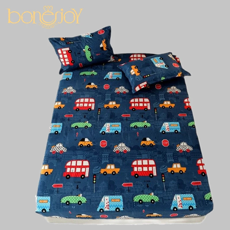 Bonenjoy Sheet on Rubber Band Kids Bed Sheet Cartoon Cars Printed Fitted Sheet for Boy Single Fitted Bed Sheet with Pillowcase