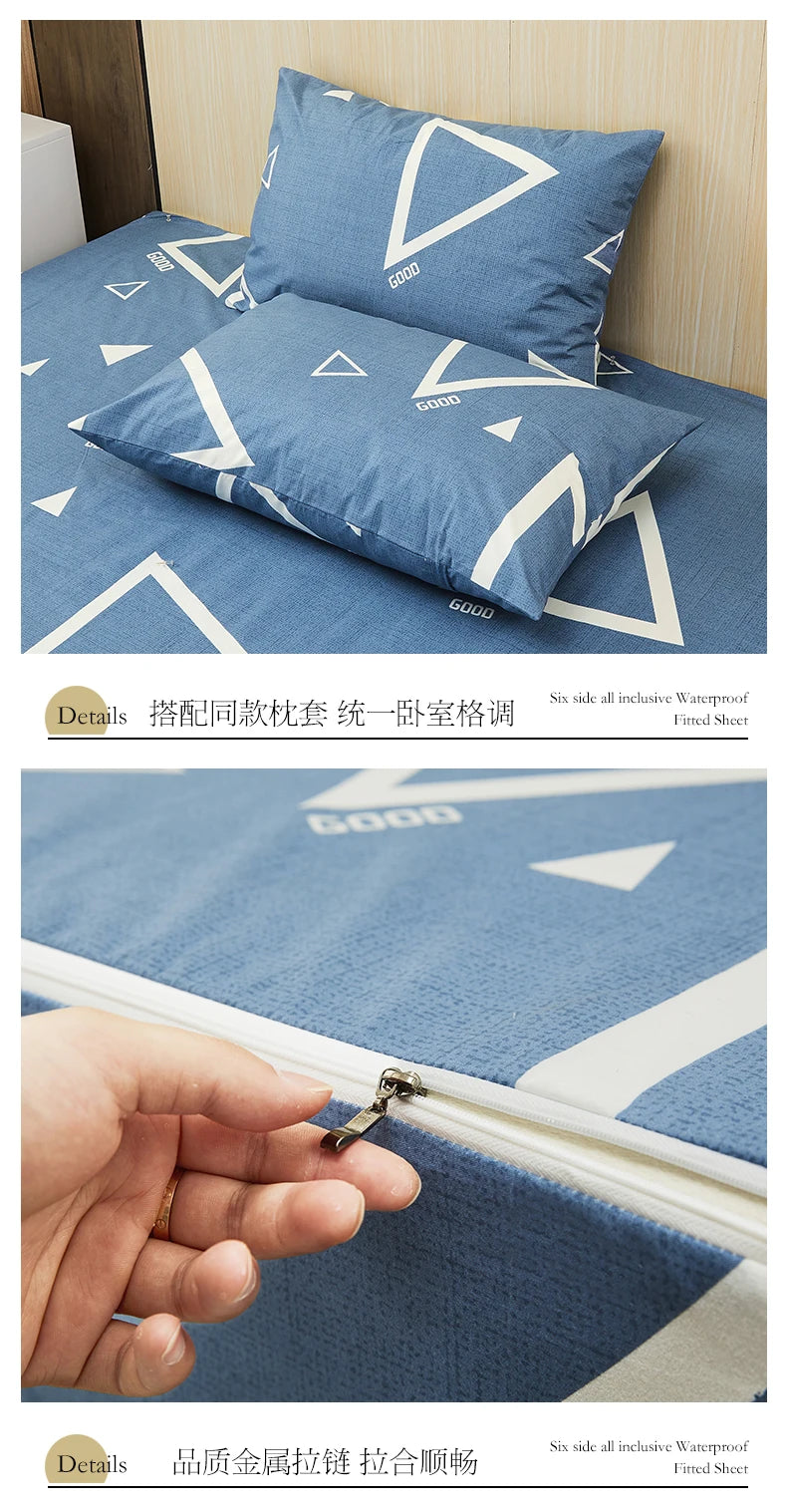 Printing Waterproof Mattress Cover With Zipper Queen Twin Bed Fitted Sheet 6 Sides Removable Inclusive Mattress Protector Pad