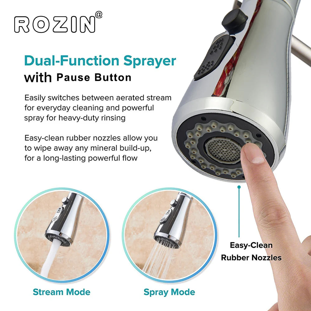 Rozin Chrome Kitchen Faucet Deck Mounted Pull Out Spout Kitchen Sink Mixer Tap Single Level Stream Sprayer Nozzle Mixer Tap