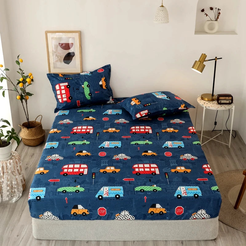 Bonenjoy Sheet on Rubber Band Kids Bed Sheet Cartoon Cars Printed Fitted Sheet for Boy Single Fitted Bed Sheet with Pillowcase