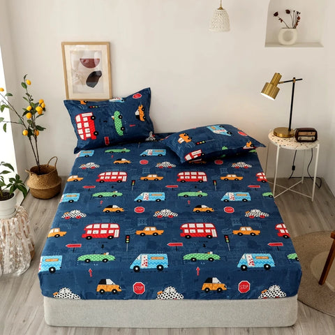 Bonenjoy Sheet on Rubber Band Kids Bed Sheet Cartoon Cars Printed Fitted Sheet for Boy Single Fitted Bed Sheet with Pillowcase