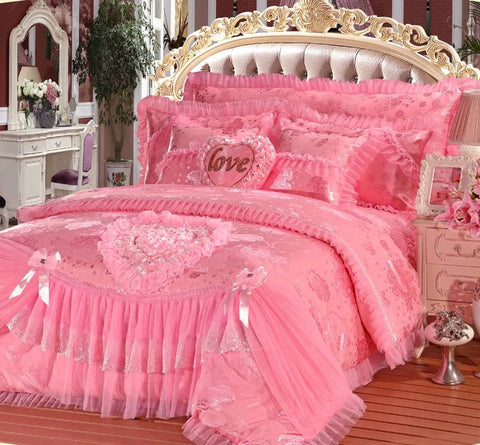 Heart-shaped Lace Princess Wedding Bedding Set Luxury Pink Jacquard Satin Quilt/Duvet Cover Sets Cotton Bed Sheet Pillowcases