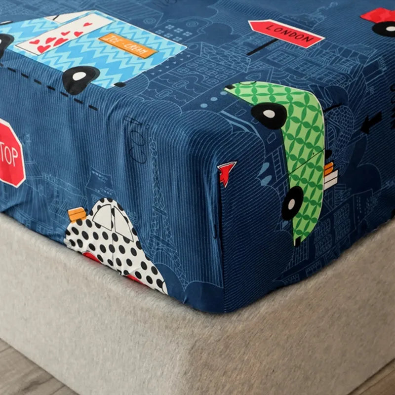 Bonenjoy Sheet on Rubber Band Kids Bed Sheet Cartoon Cars Printed Fitted Sheet for Boy Single Fitted Bed Sheet with Pillowcase