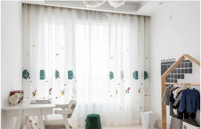 Cartoon Outer Space Rocket Embroidered Voile Curtain For Kids Bedroom Living Room Sheer Window Drapes Luxury Children Tulle 20D3