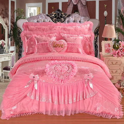 Heart-shaped Lace Princess Wedding Bedding Set Luxury Pink Jacquard Satin Quilt/Duvet Cover Sets Cotton Bed Sheet Pillowcases