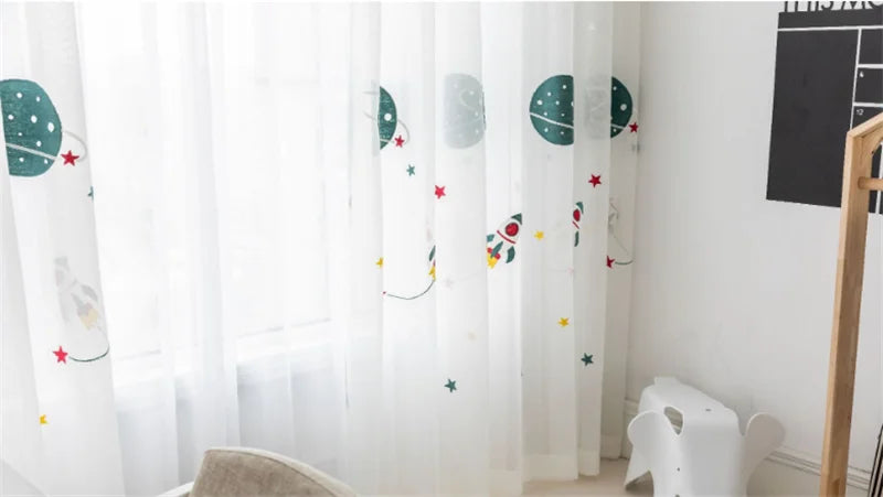 Cartoon Outer Space Rocket Embroidered Voile Curtain For Kids Bedroom Living Room Sheer Window Drapes Luxury Children Tulle 20D3