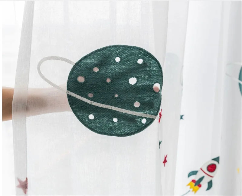 Cartoon Outer Space Rocket Embroidered Voile Curtain For Kids Bedroom Living Room Sheer Window Drapes Luxury Children Tulle 20D3