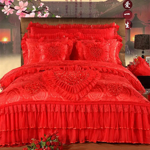 Heart-shaped Lace Princess Wedding Bedding Set Luxury Pink Jacquard Satin Quilt/Duvet Cover Sets Cotton Bed Sheet Pillowcases
