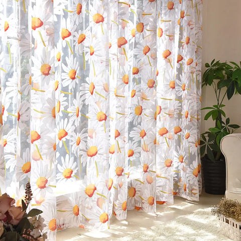 Sun Flower Tulle Curtains for Living Room Bedroom Kitchen Yellow Floral Voile Sheer Curtains for Window Treatment Drapes Blinds