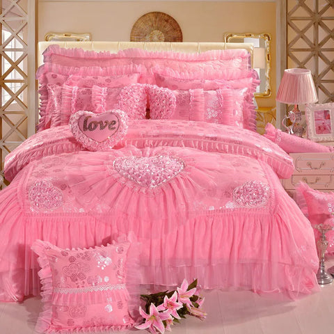 Heart-shaped Lace Princess Wedding Bedding Set Luxury Pink Jacquard Satin Quilt/Duvet Cover Sets Cotton Bed Sheet Pillowcases