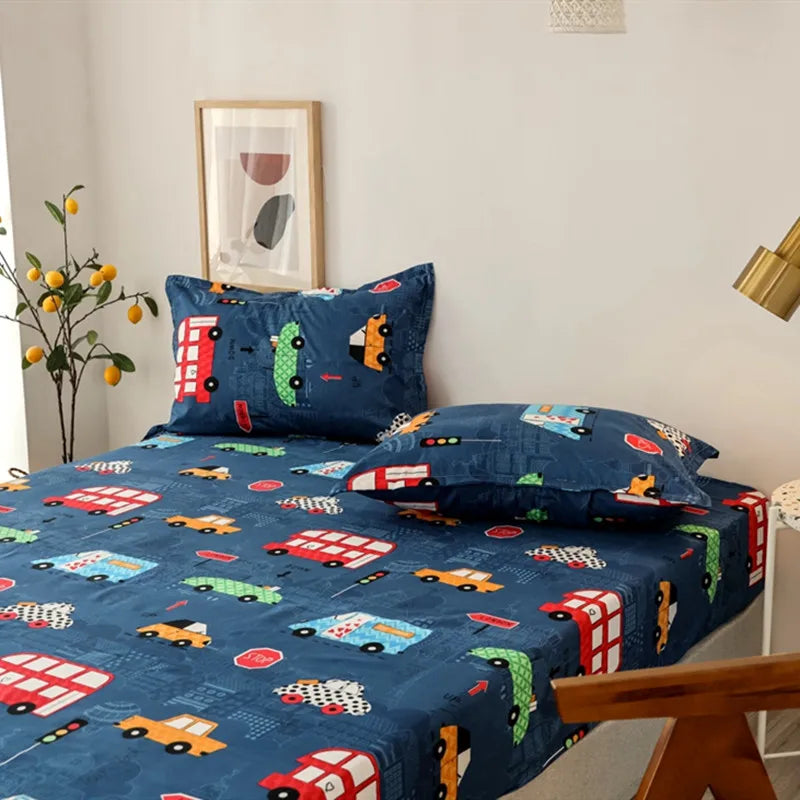 Bonenjoy Sheet on Rubber Band Kids Bed Sheet Cartoon Cars Printed Fitted Sheet for Boy Single Fitted Bed Sheet with Pillowcase
