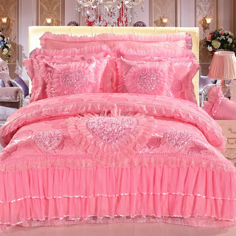 Heart-shaped Lace Princess Wedding Bedding Set Luxury Pink Jacquard Satin Quilt/Duvet Cover Sets Cotton Bed Sheet Pillowcases