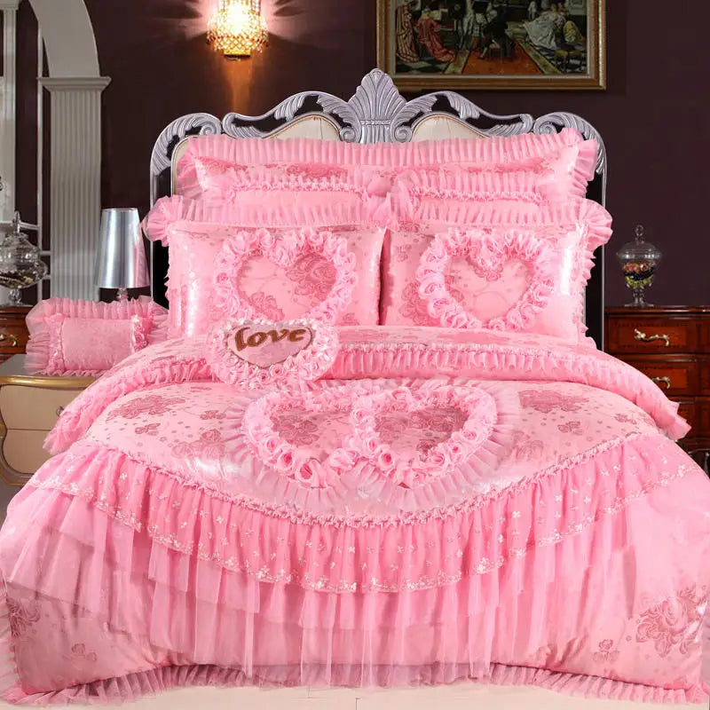 Heart-shaped Lace Princess Wedding Bedding Set Luxury Pink Jacquard Satin Quilt/Duvet Cover Sets Cotton Bed Sheet Pillowcases