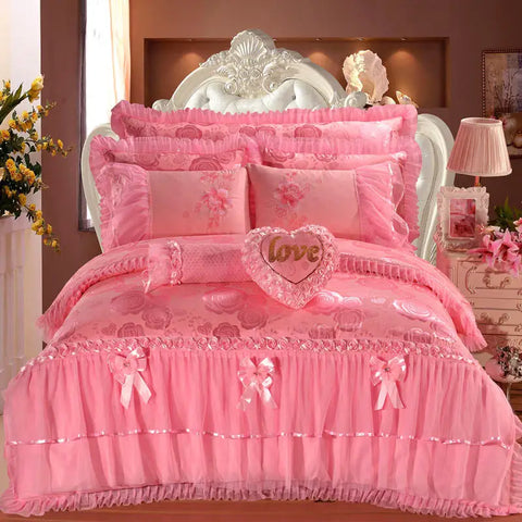 Heart-shaped Lace Princess Wedding Bedding Set Luxury Pink Jacquard Satin Quilt/Duvet Cover Sets Cotton Bed Sheet Pillowcases