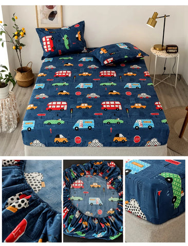 Bonenjoy Sheet on Rubber Band Kids Bed Sheet Cartoon Cars Printed Fitted Sheet for Boy Single Fitted Bed Sheet with Pillowcase