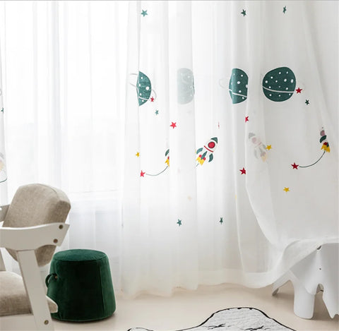 Cartoon Outer Space Rocket Embroidered Voile Curtain For Kids Bedroom Living Room Sheer Window Drapes Luxury Children Tulle 20D3