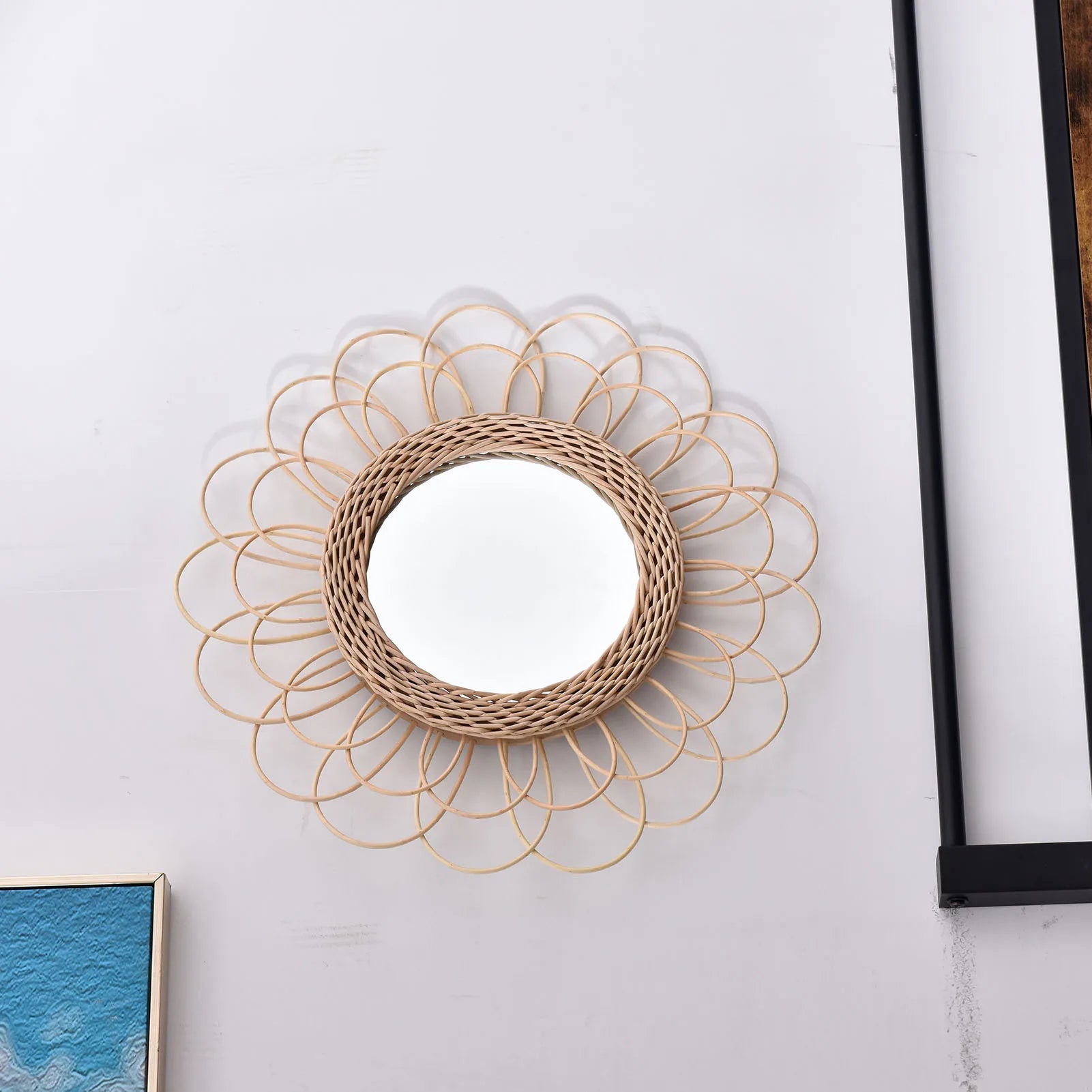 Rattan Dressing Mirror Innovative Art Round Mirror Living Room Wall Hanging Mirror Bathroom Decoration Makeup Mirror